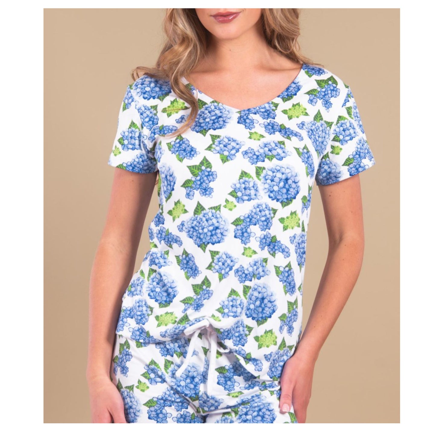 Blue Hydrangea Pajama V Neck Top