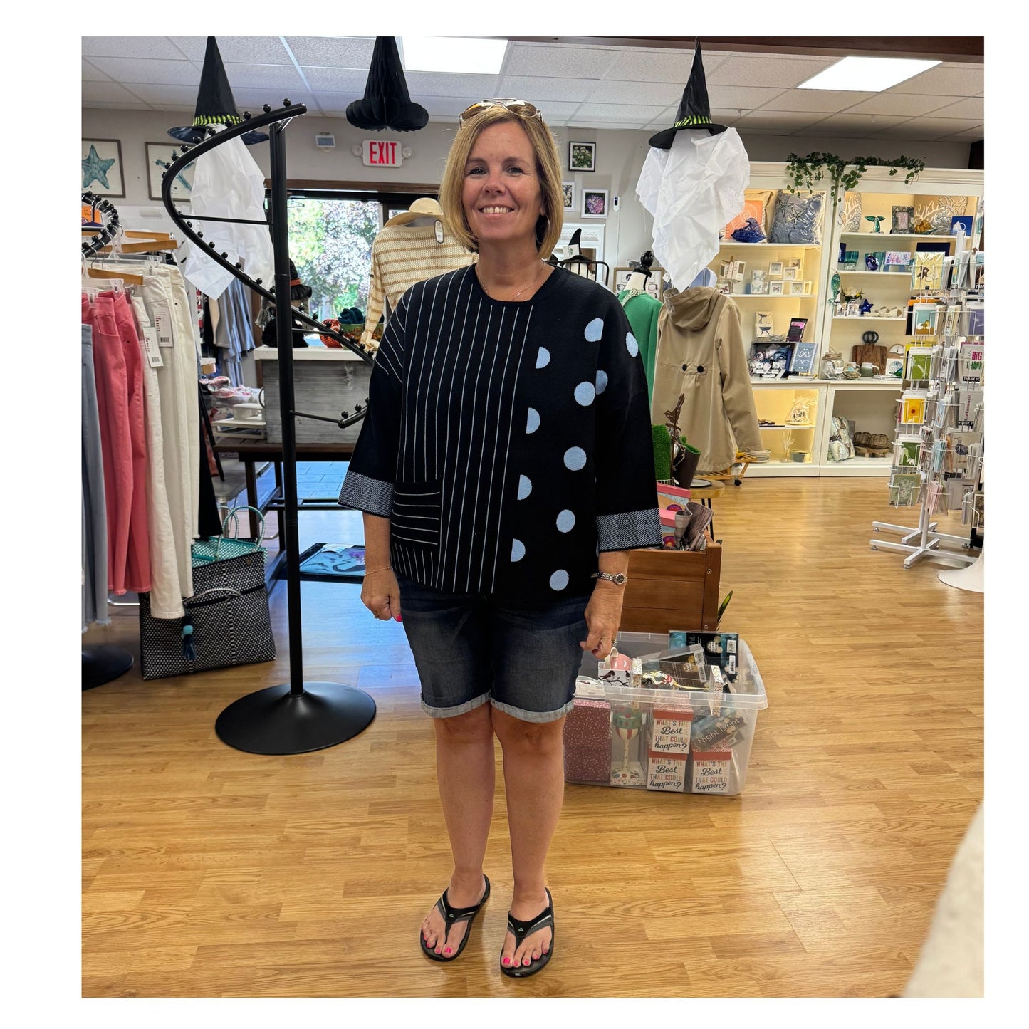 3/4 Sleeve Striped Polka Dot Top