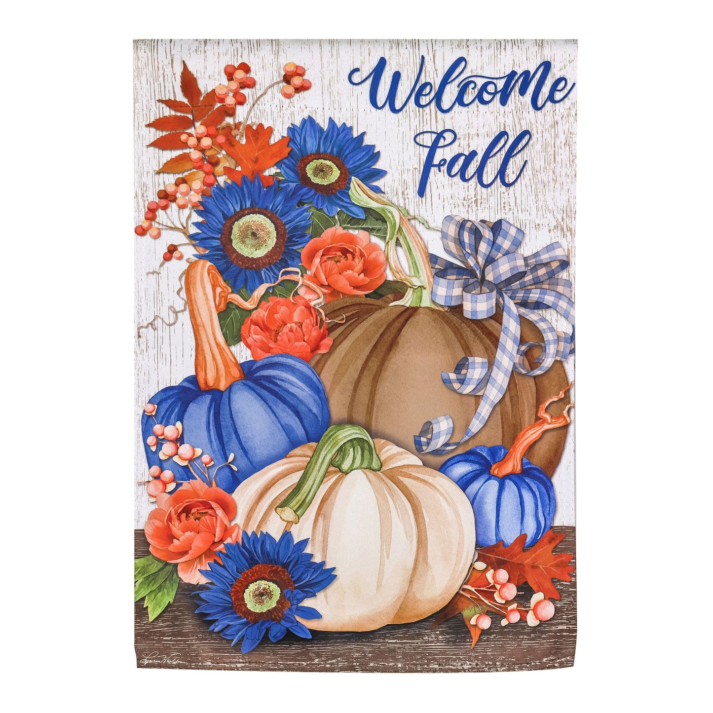 Decor Welcome Fall Pumpkin Blue Tone Garden Suede Flag