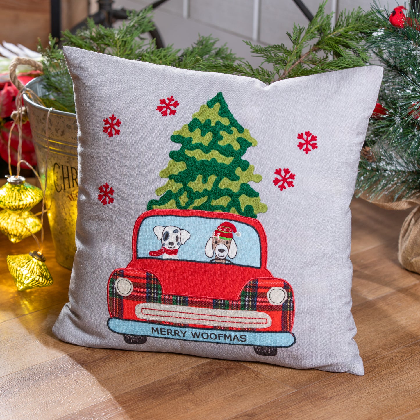 Decor, Red Truck with Dogs Square Pillow