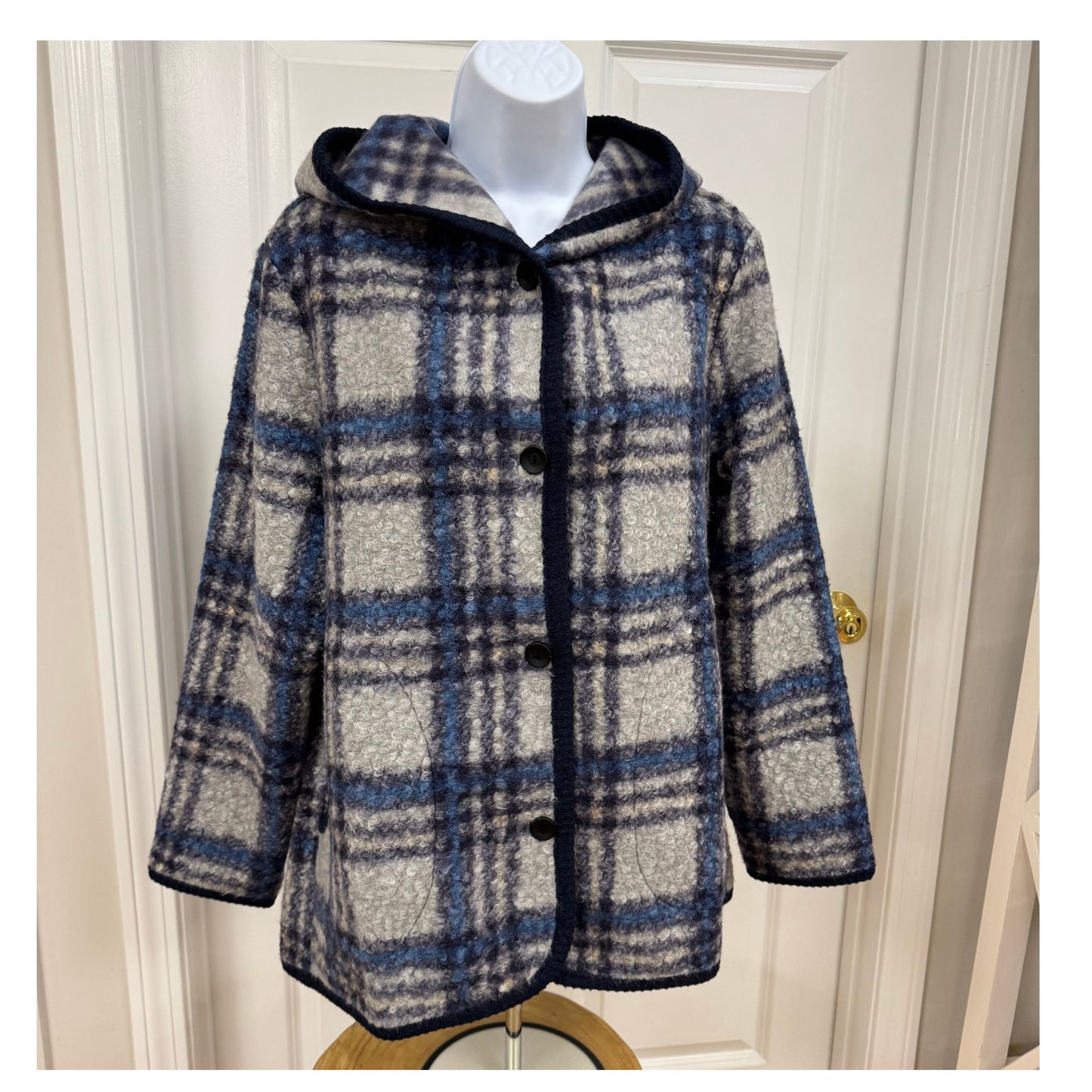 Cozy Hooded Plaid Blue Coucle Coat
