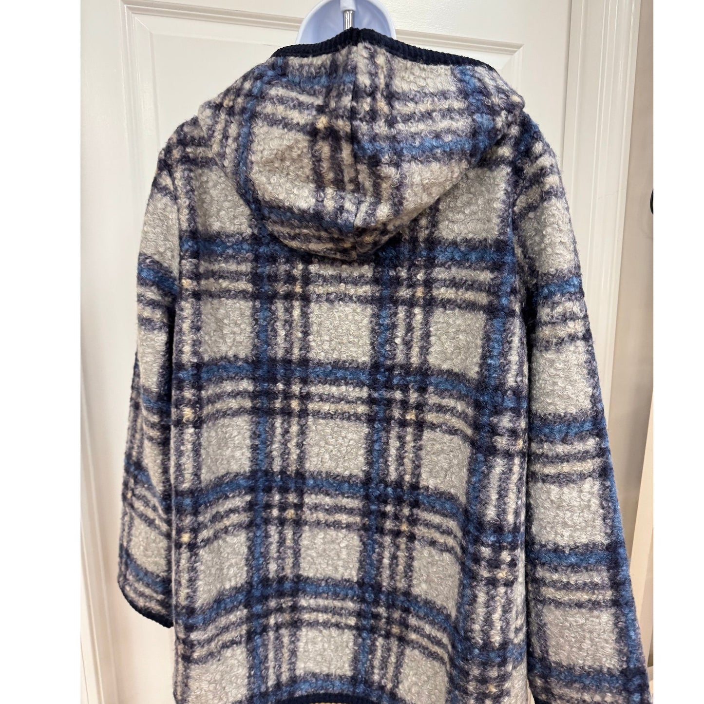 Cozy Hooded Plaid Blue Coucle Coat