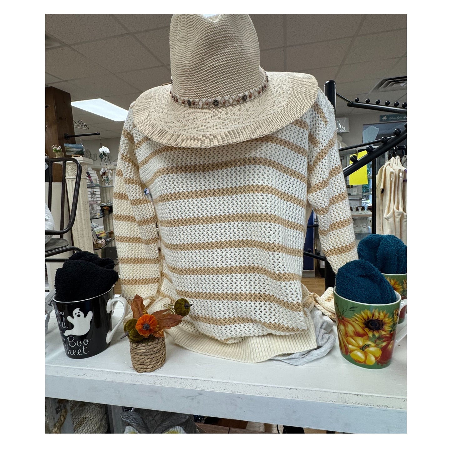 Crew Neck Sweater White Tan Stripe