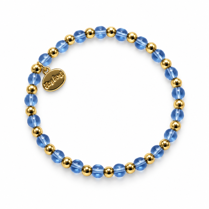 Alex Carol 4mm Gold Ball &amp; Glass Stone Stretch Bracelt - Blue or Pink