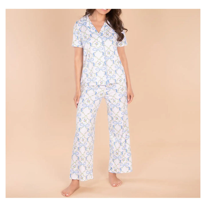 Amanda Blu Blue Bow Pajama Set - Button Front Top &amp; Full-Length Pants