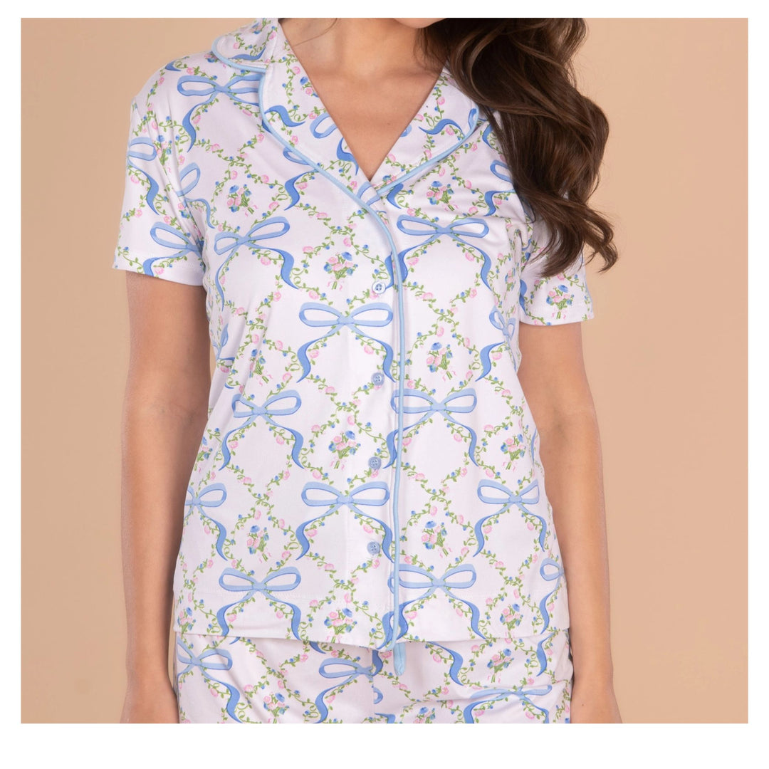 Amanda Blu Blue Bow Pajama Set - Button Front Top &amp; Full-Length Pants