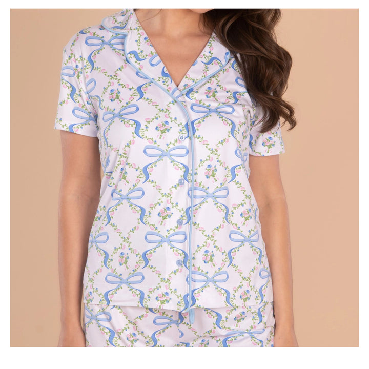 Amanda Blu Blue Bow Pajama Set - Button Front Top &amp; Full-Length Pants