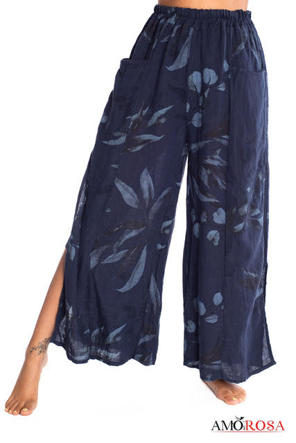 Amorosa Floral Linen Wide-Leg Pants / Elastic Tie Waist (3 Colors)