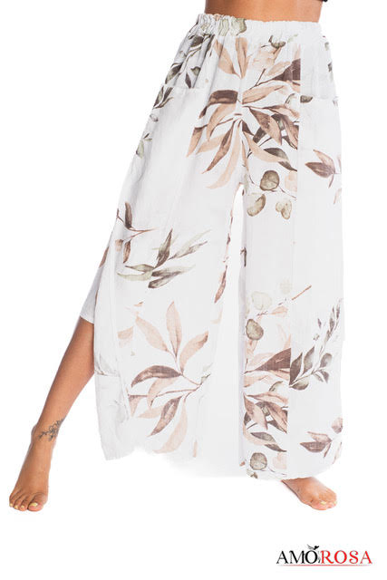 Amorosa Floral Linen Wide-Leg Pants / Elastic Tie Waist (3 Colors)