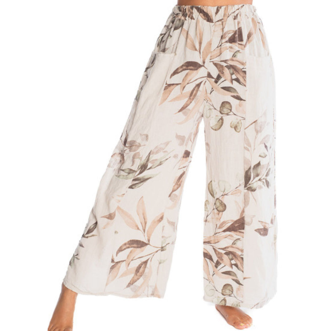 Amorosa Floral Linen Wide-Leg Pants / Elastic Tie Waist (3 Colors)