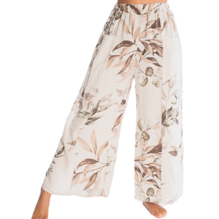 Amorosa Floral Linen Wide-Leg Pants / Elastic Tie Waist (3 Colors)