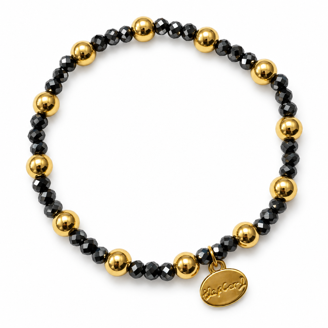 Alex Carol 3mm Faceted Hemattie &amp; 6mm Gold Ball Stretch Bracelet