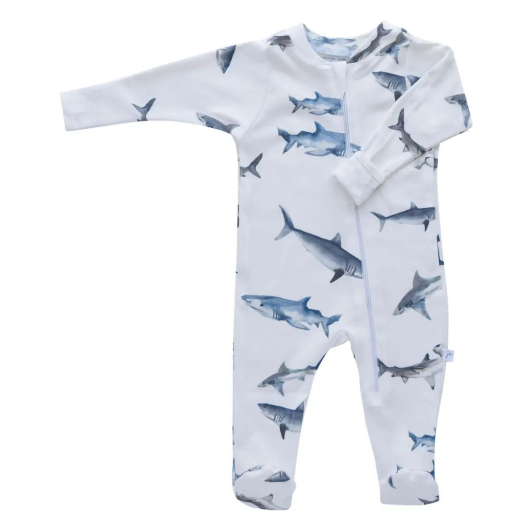 Organic Cotton Watercolor Shark Footed Baby Sleeper/Zippered/Made in USA