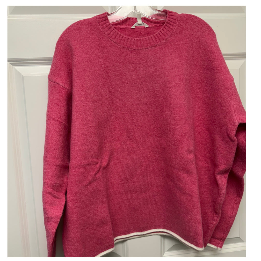 Batela Hot Pink Oversized Crewneck Sweater with White Trim