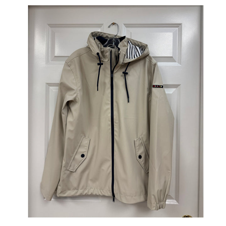 Milk Waterproof Unisex Raincoat with Detachable Hood and Snap Pocket Detail
