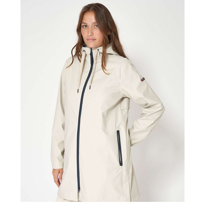 Milk Waterproof Raincoat with Hood, Taped Seams &amp; Striped Lining (Above Knee)