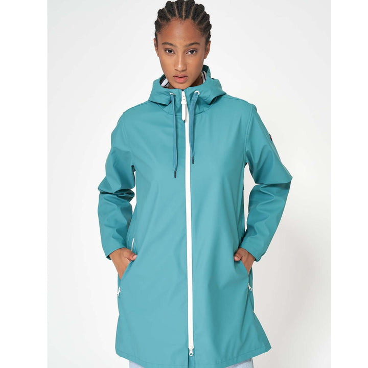 Teal Waterproof Raincoat with Hood, Taped Seams &amp; Striped Lining (Above Knee)
