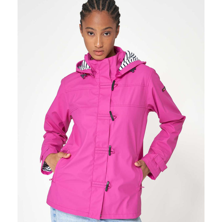 Fuschia Pink Water-Resistant Raincoat with Detachable Hood &amp; Nautical Button Detail