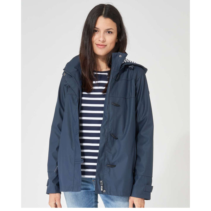Water-Resistant Classic Navy Raincoat with Detachable Hood &amp; Nautical Button Detail