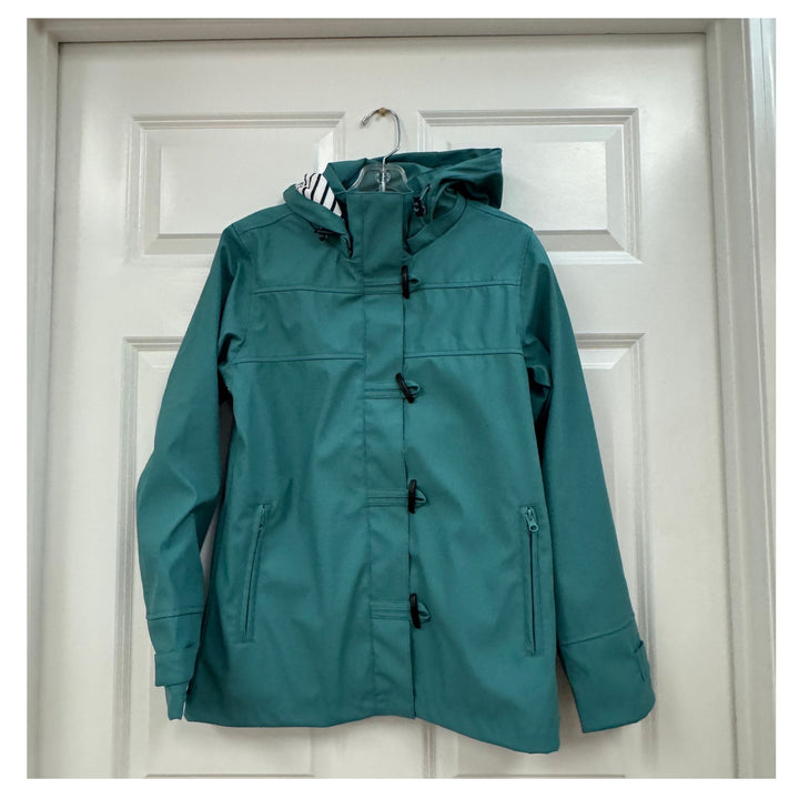 Water-resistant Raincoat with Detachable Hood &amp; Nautical Button Detail (Teal, Navy, Royal Blue)