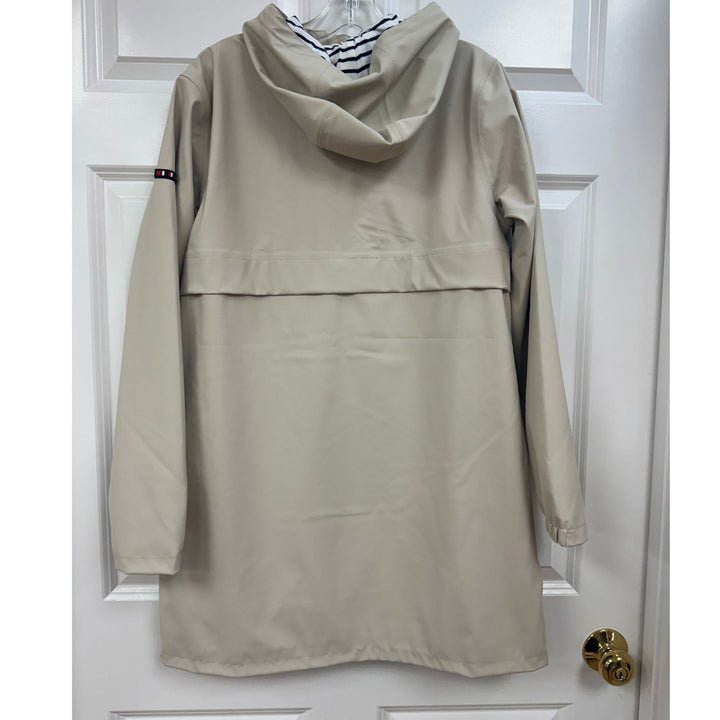 Milk Waterproof Raincoat with Hood, Taped Seams &amp; Striped Lining (Above Knee)