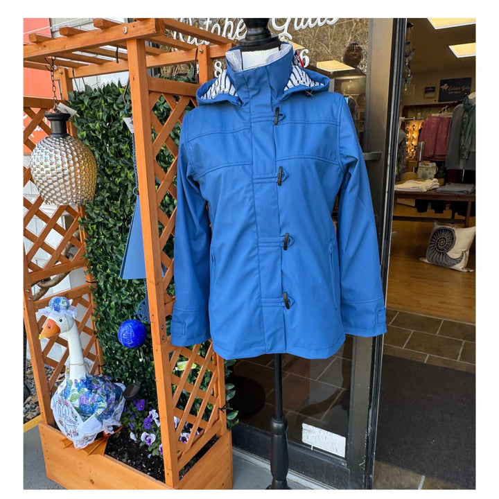 Royal Blue Water-Resistant Raincoat with Detachable Hood &amp; Nautical Button Detail