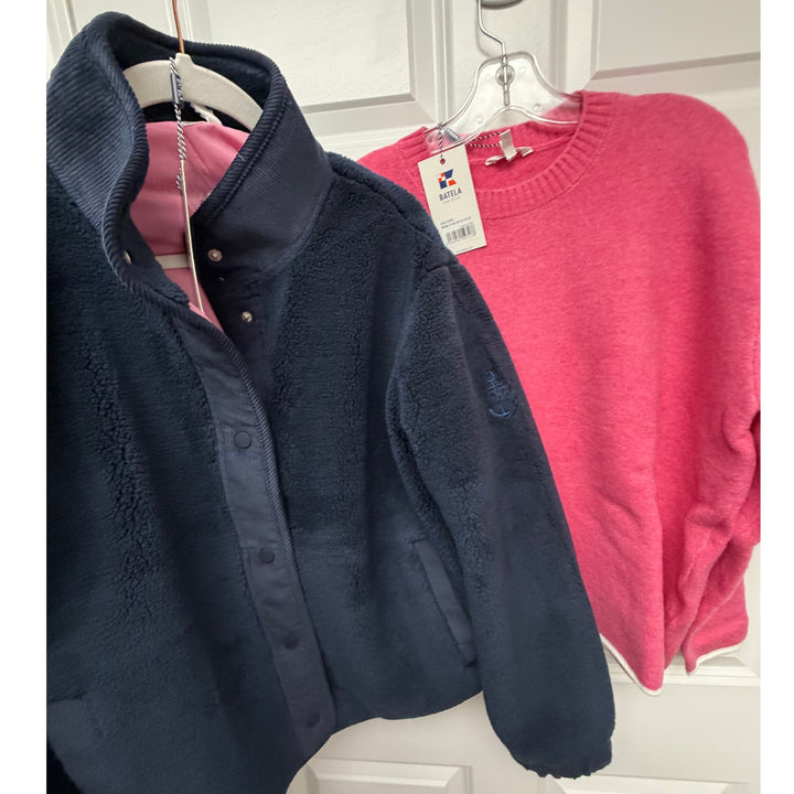 Batela Navy Sherpa Jacket with Corduroy Trim