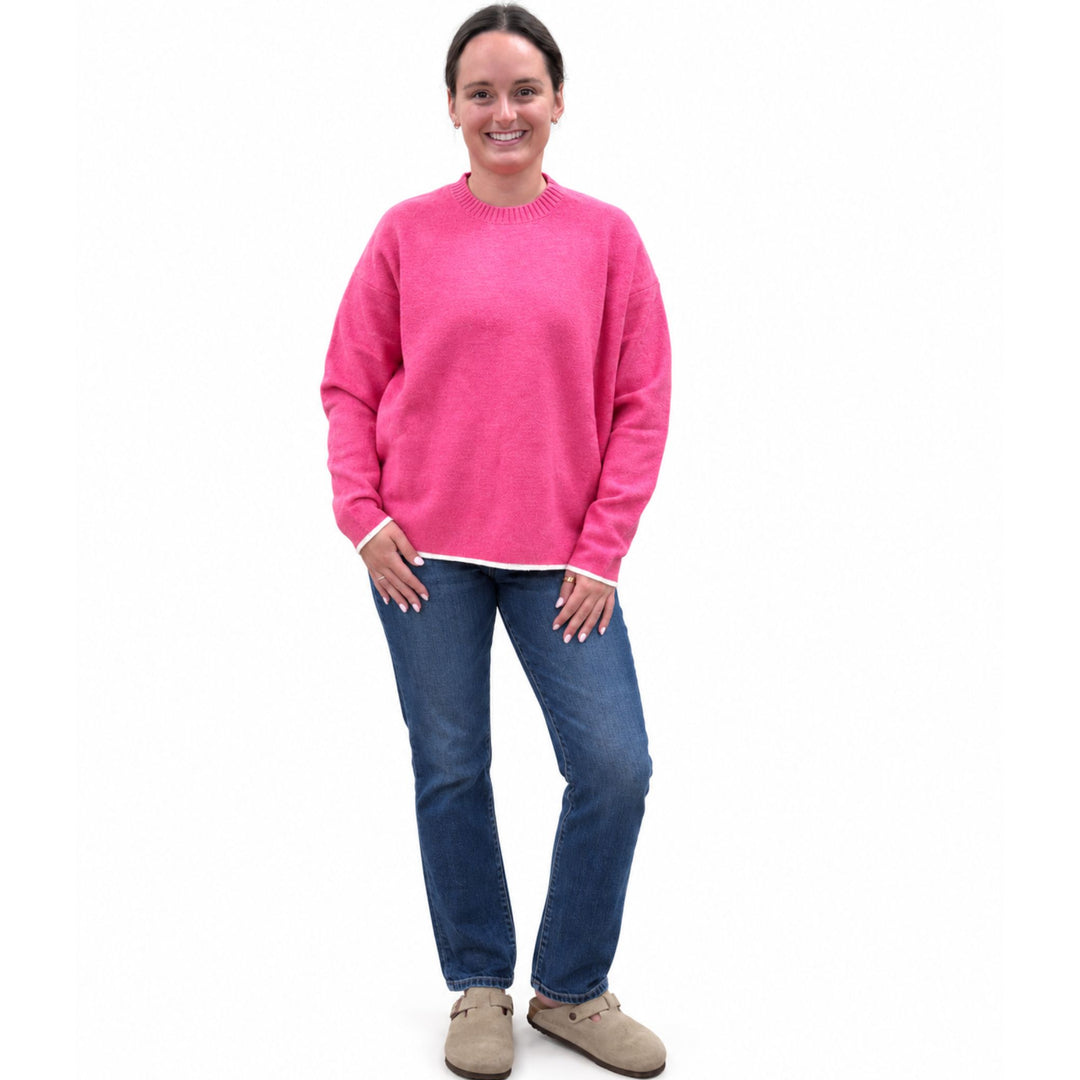 Batela Hot Pink Oversized Crewneck Sweater with White Trim