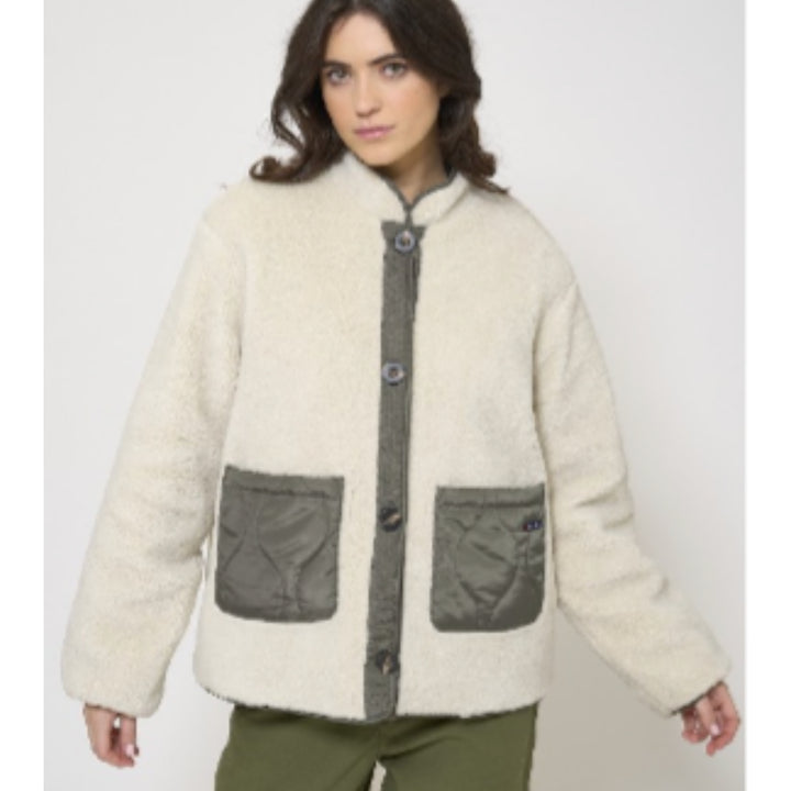 Reversible Sherpa &amp; Quilted Jacket-Cream &amp; Olive
