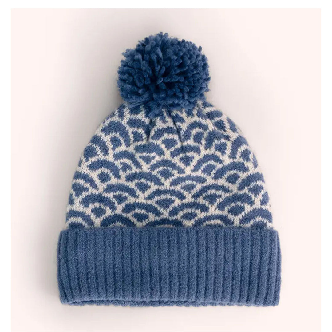 Agatha Scallop Knit Pom Pom Hat - Denim &amp; Ivory