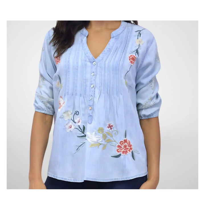 Kyla Seo Floral Embroidered Tencel Blouse - Light Wash Blue / Women&