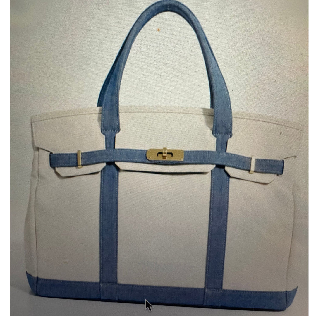 Boatkin® Handmade Cotton Canvas Tote Bag – Natural Canvas with Sky Blue Trim