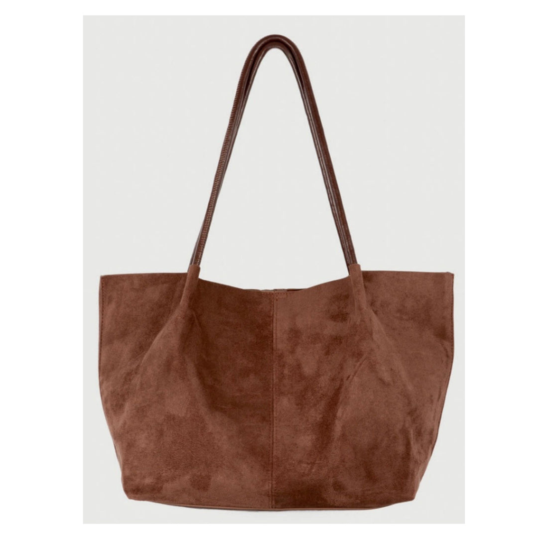 Faux Suede Tote Bag with Removable Zip Pouch – Chocolate Brown