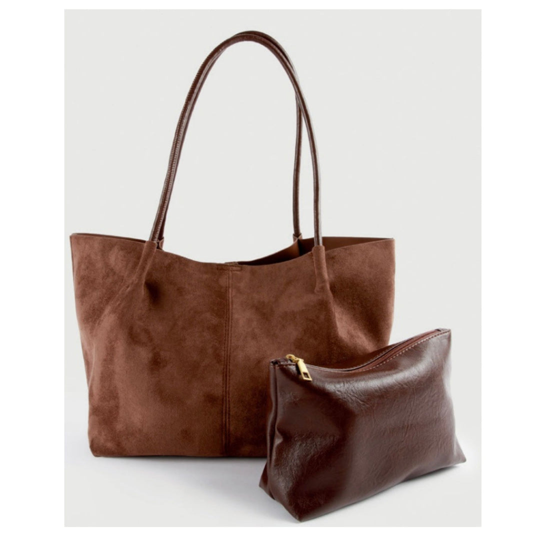 Faux Suede Tote Bag with Removable Zip Pouch – Chocolate Brown