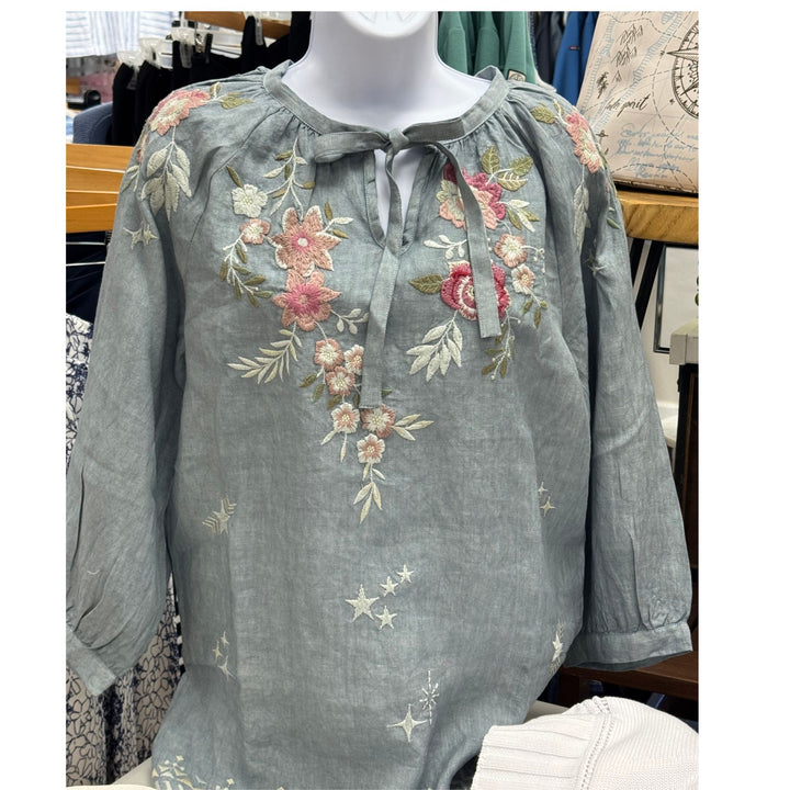 Embroiderd Linen Peasant Top - Sage Blue Floral Embroidery / 100% Linen