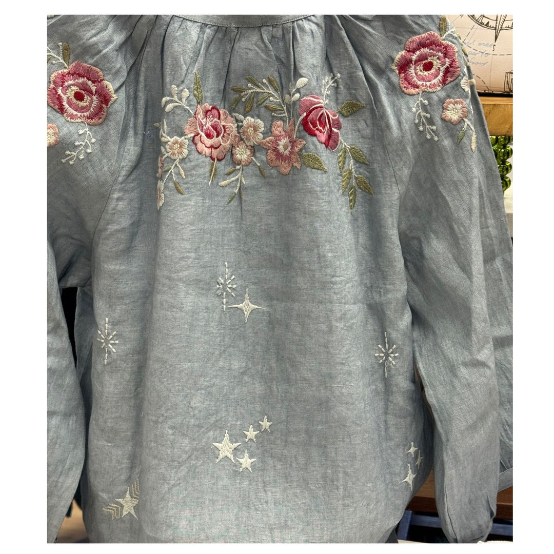 Embroiderd Linen Peasant Top - Sage Blue Floral Embroidery / 100% Linen