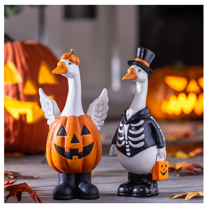 Halloween Goose in Jack-O-Lantern Costume - Ceramic Fall Garden Statue