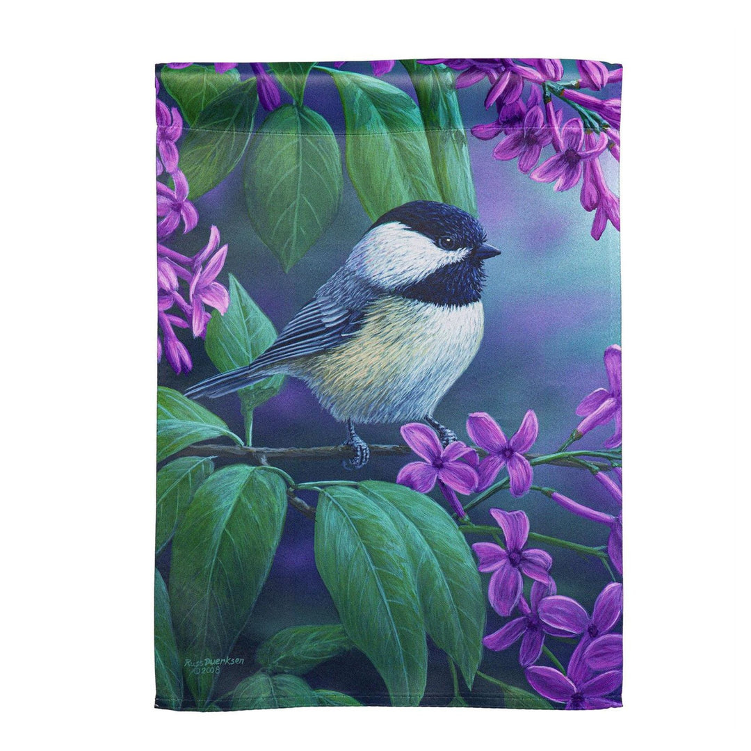 Chickadee &amp; Lilac Blossoms Garden Flag