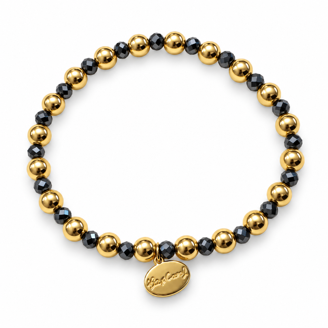 Alex Carol 6mm Gold Ball &amp; 4mm Faceted Hematite Stretch Bracelet
