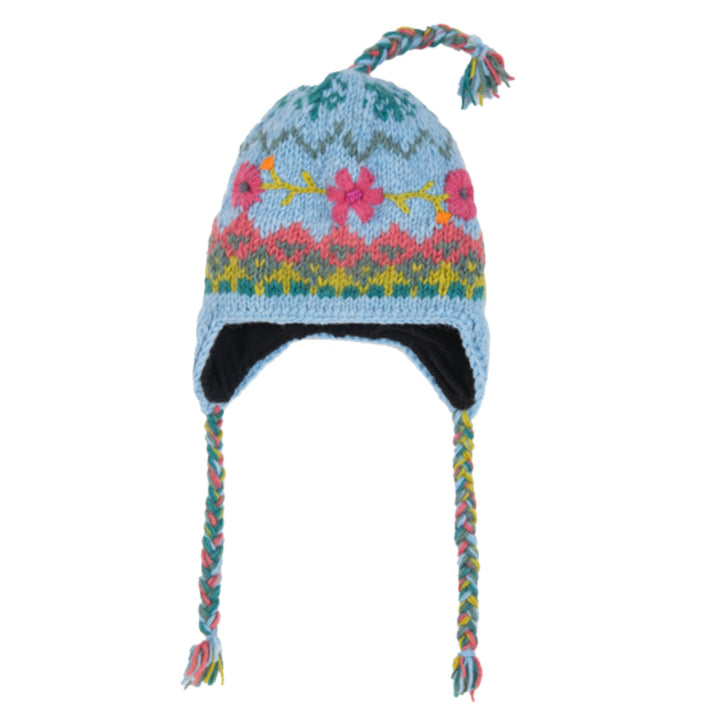 Floral Embroidered Knit Earflap Hat-Fleece Lined/Made in Nepal