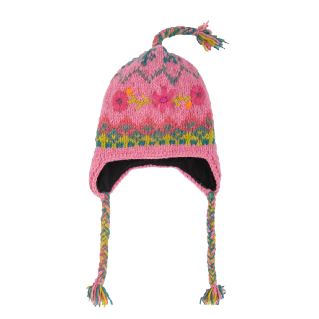 Floral Embroidered Knit Earflap Hat-Fleece Lined/Made in Nepal