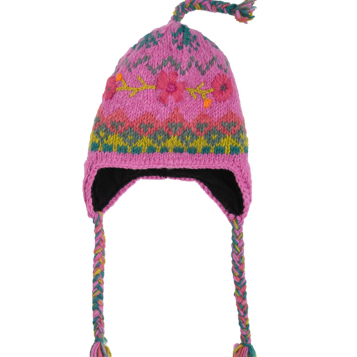 Floral Embroidered Knit Earflap Hat-Fleece Lined/Made in Nepal