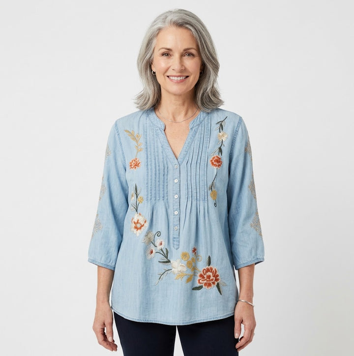 Kyla Seo Floral Embroidered Tencel Blouse - Light Wash Blue / Women&