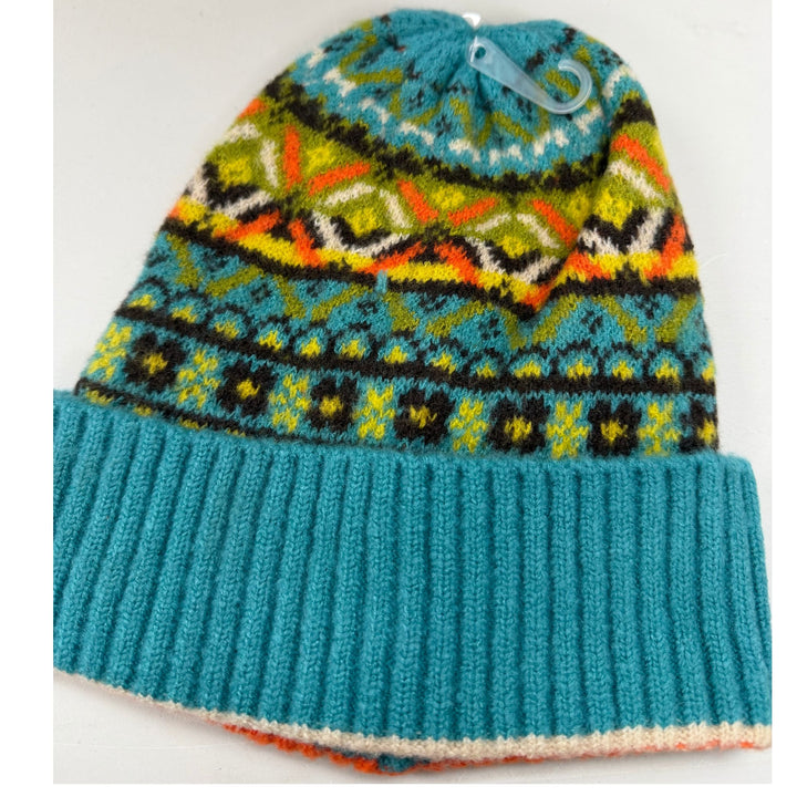 Colorful Fair Isle Knit Beanie Hat - Teal Mix