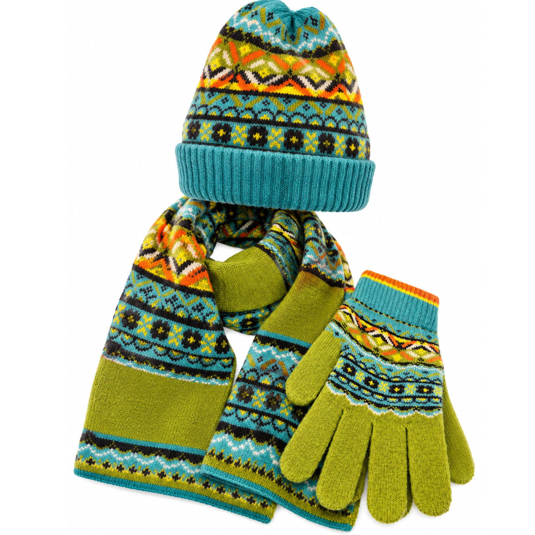 Colorful Fair Isle Knit Winter Gloves - Teal Mix