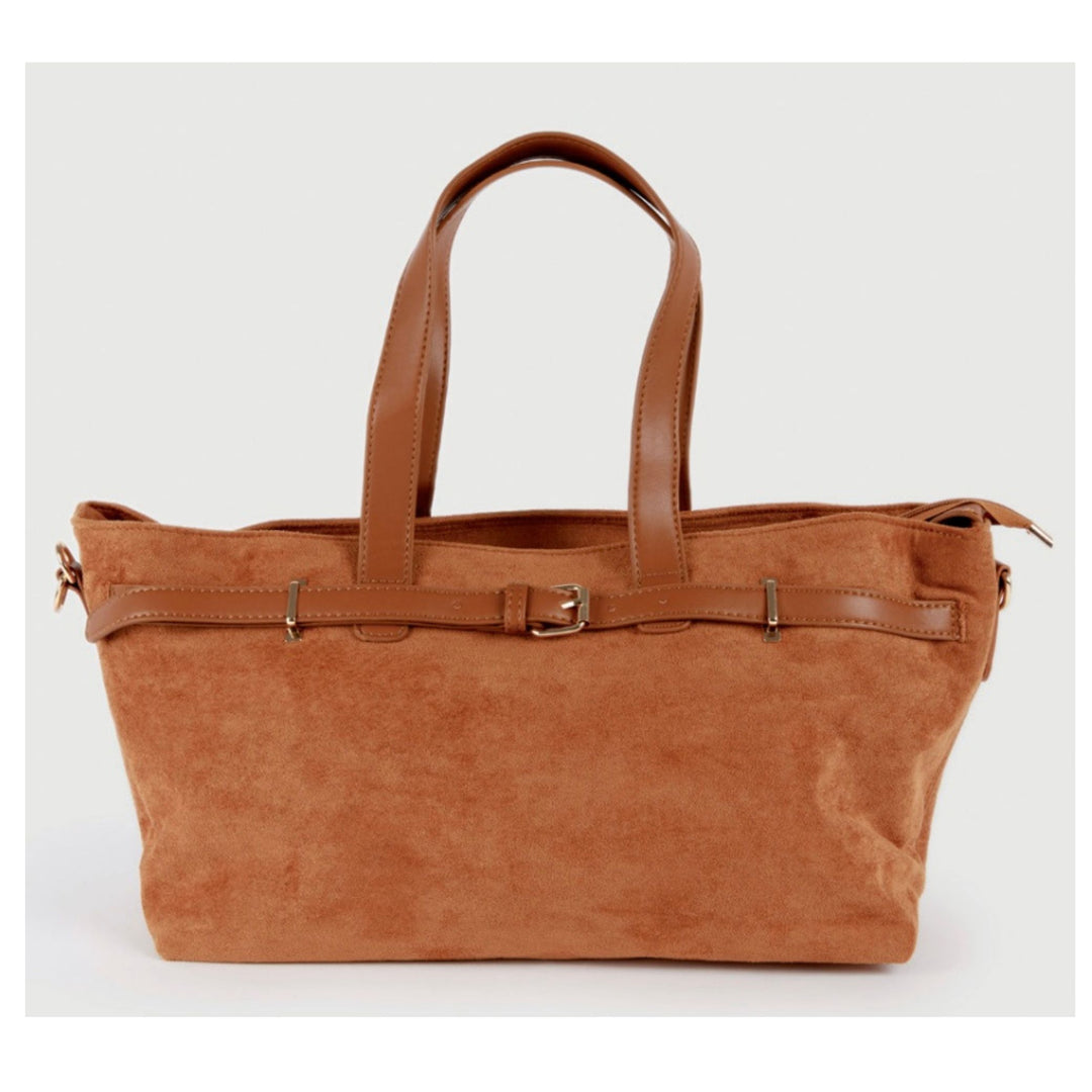 Large Faux Suede Convertible Tote &amp; Crossbody Handbag – Cognac