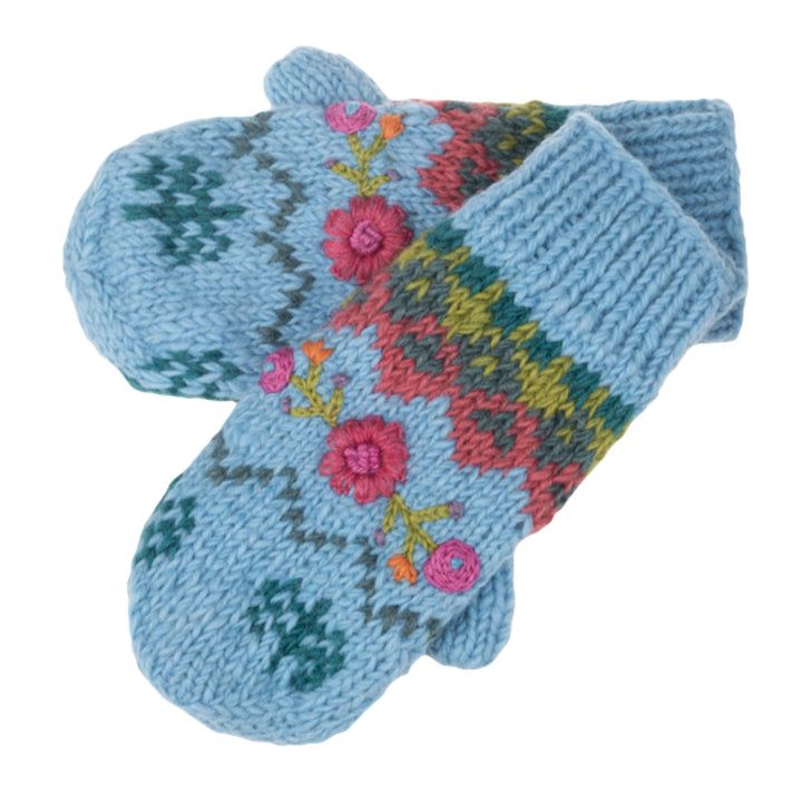 Floral Embroidered Knit Mittens - Fleece Lined / Made in Nepal