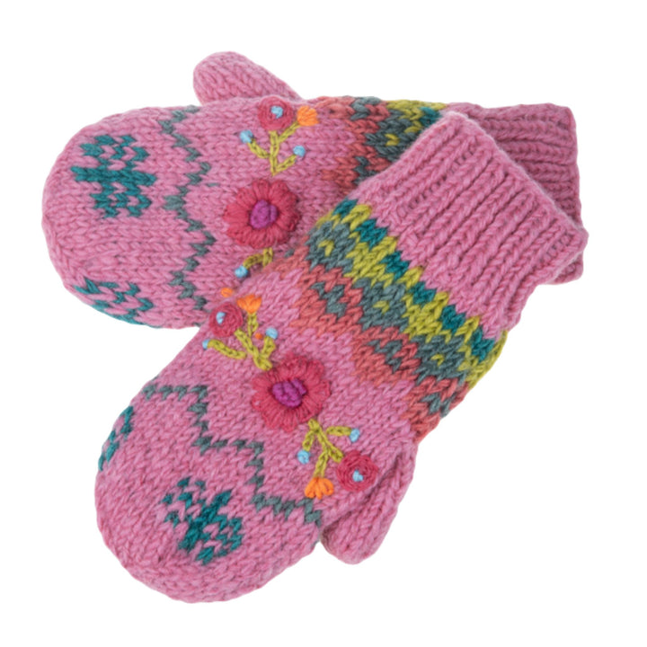 Floral Embroidered Knit Mittens - Fleece Lined / Made in Nepal