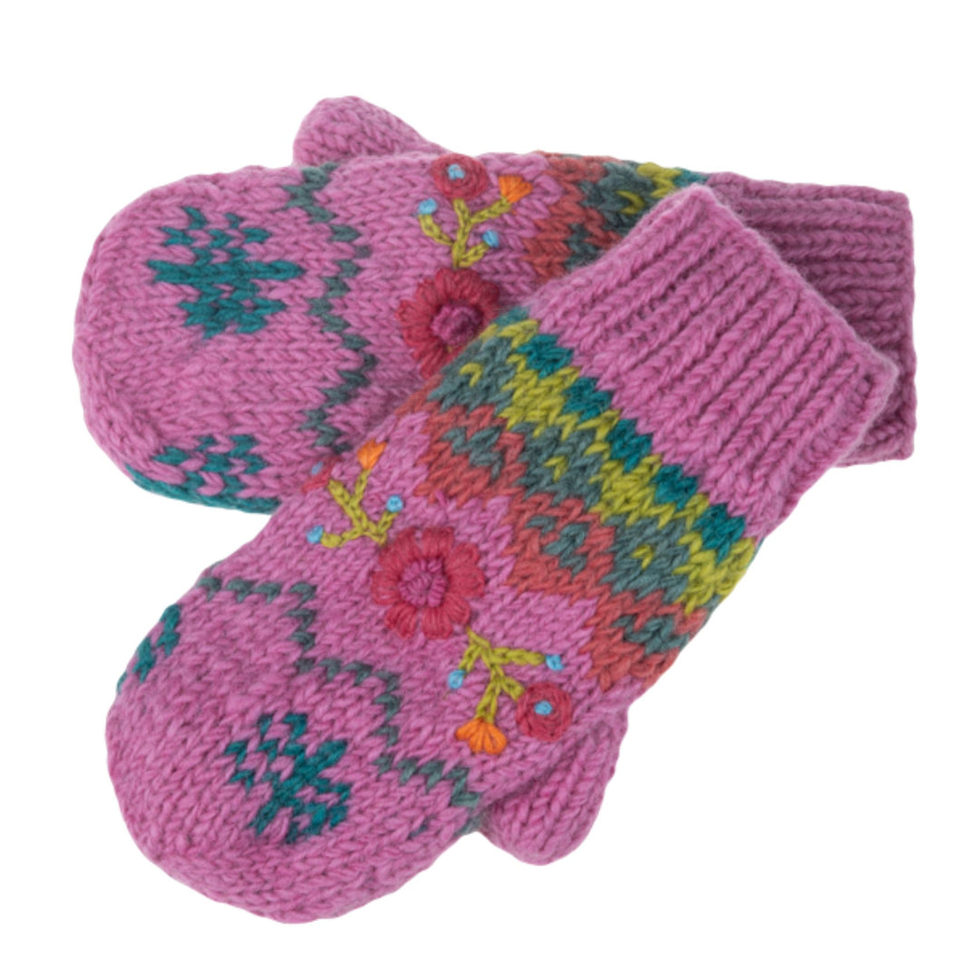 Floral Embroidered Knit Mittens - Fleece Lined / Made in Nepal