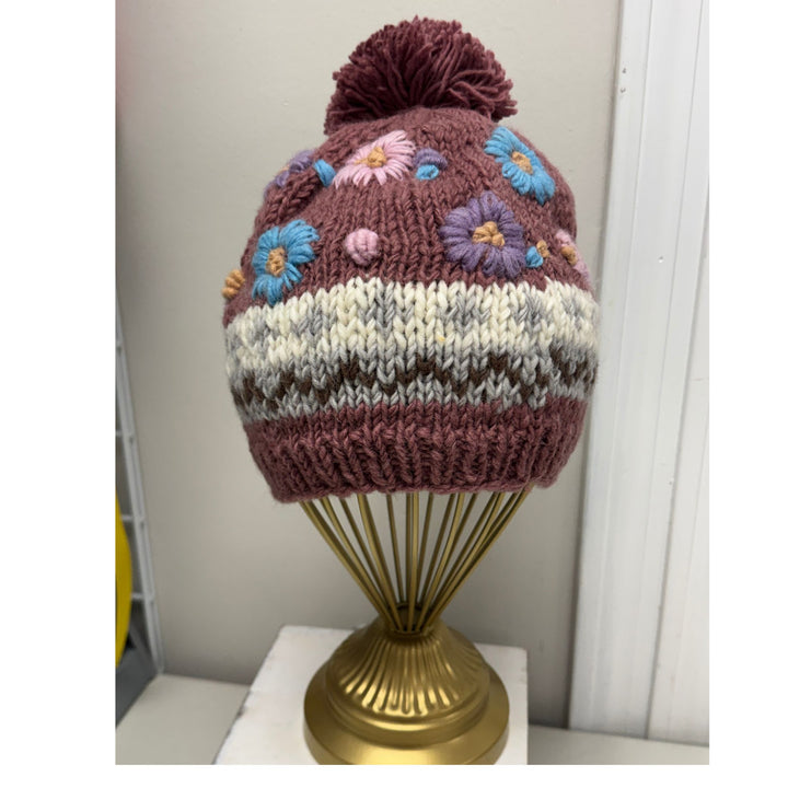 Pom Pom Floral Wool Fleece Lined Hats / Handmade in Nepal / Choice of 4 Colors